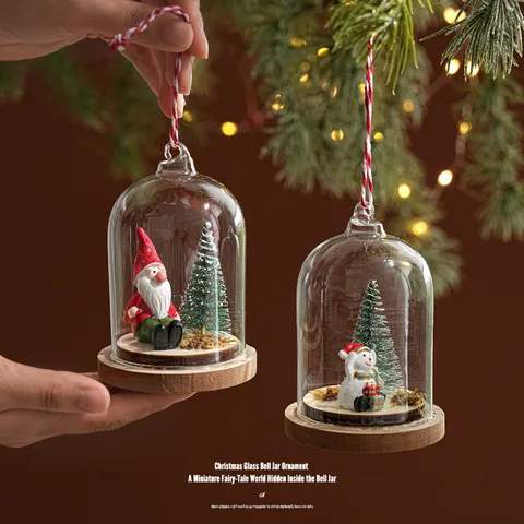 Ornement de Noël en Cloche de Verre Avec Base en Bois Bonhomme de Neige Père Noël Figurine Miniature Décoration Suspendue pour Sapin de Noël Fête Maison