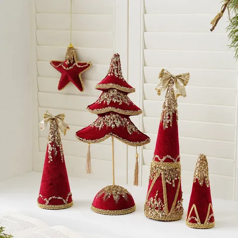 Lujosos Adornos de Navidad de Terciopelo Rojo Vino Purpurina Dorada Espuma Estrella Corazón Árbol Decoración Colgante Para Fiesta De Navidad Hogar