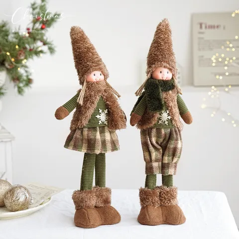 Handmade Christmas Fabric Long Legged Girl Doll Ornament With Plaid Skirt Hat Snowflake Decoration For Home Holiday Party Desktop Decor