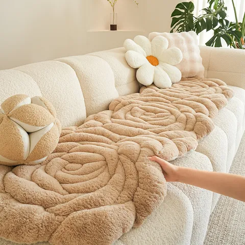 Rose Velvet Irregular Sofa Cushion Cover Soft Long Plush Decorative Furniture Protector Anti-Scratch Non-Slip Couch Mat For Living Room