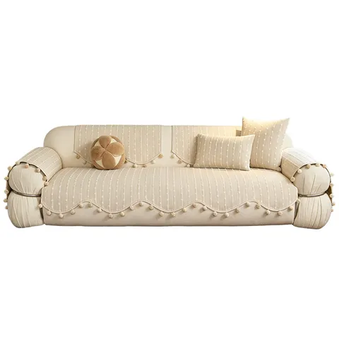 Minimalist Chenille Sofa Cover Cream Style Non-Slip Sofa Cushion Jacquard Decorative Sofa Mat With 3D Pompom Tassels Solid Color Chenille Furniture Protector Cover