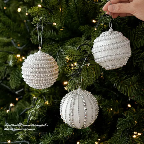 Luxury White Christmas Ball Ornaments Foam Rhinestone Artificial Pearl Rivet Hanging Decorations For Xmas Tree Holiday Party Home Decor