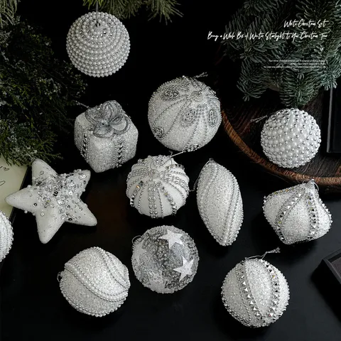 Luxury White Christmas Ball Ornaments Foam Rhinestone Artificial Pearl Rivet Hanging Decorations For Xmas Tree Holiday Party Home Decor