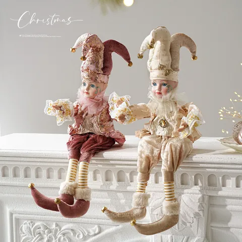 Vintage Christmas Jester Elf Fabric Musical Ornament With Metal Bells Velvet Sequin Long Leg Clown Doll For Home Party Holiday Decor