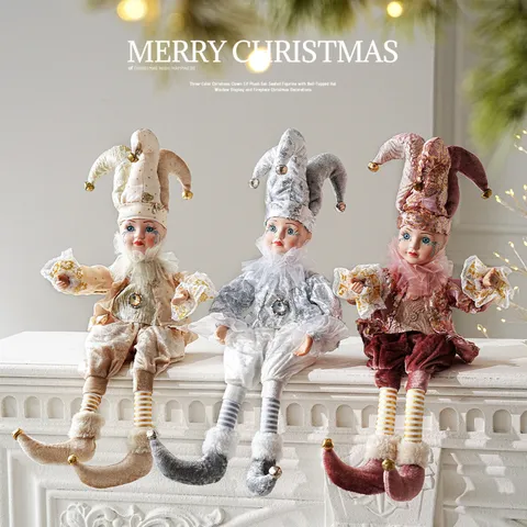 Vintage Christmas Jester Elf Fabric Musical Ornament With Metal Bells Velvet Sequin Long Leg Clown Doll For Home Party Holiday Decor