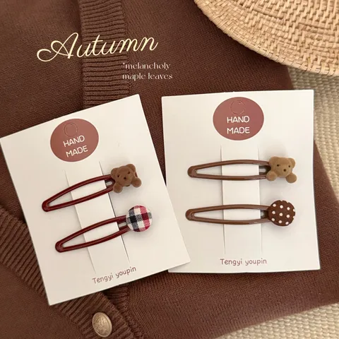 Korean Style Sweet Bear Hair Clip Plaid Polka Dot BB Clip Heart Hairpin For Women Girls Cute Handmade Hair Accessories Fringe Clip