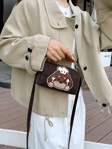 Bolso Boston Vintage de Textura de Ante para Mujer Bordado de Perro Chef Dibujos Animados Bolso Almohada Bandolera Con Asa de Peluche Croissant Bolso Retro