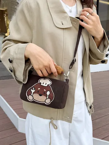 Bolso Boston Vintage de Textura de Ante para Mujer Bordado de Perro Chef Dibujos Animados Bolso Almohada Bandolera Con Asa de Peluche Croissant Bolso Retro