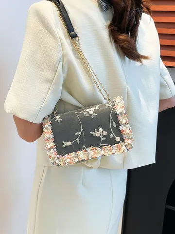 Bolso Cuadrado de Bordado Floral de Encaje Coreano para Mujer Bolso Bandolera Cadena Moda Dulce Decoración Perla Artificial PU