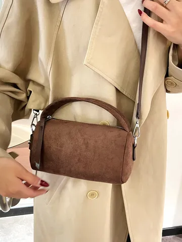 Bolso Boston para Mujer Textura de Ante Retro Cilíndrico Bolso de Hombro PU Esmerilado Bolso de Bandolera Diario Pequeño