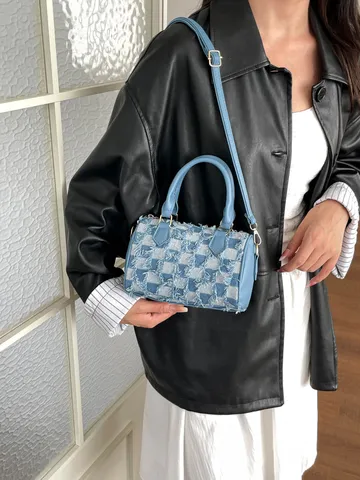 Bolso Bandolera de Mezclilla con Tablero de Ajedrez para Mujer Bordes Deshilachados Bolso Cuadrado Pequeño Colgante de Estrella Bolso de Mano