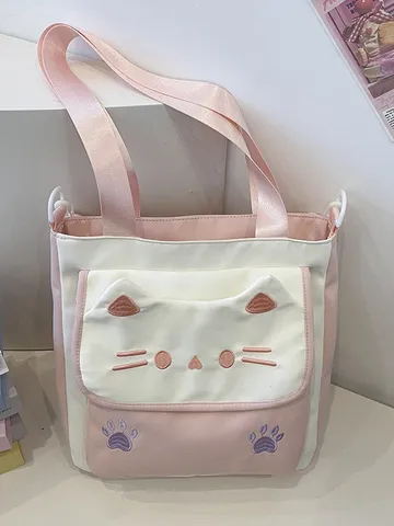 Bolso de Hombro de Nailon con Bordado de Gato para Mujer Estilo Coreano Bolso Cruzado Versátil Bolso de Mano de Moda para Niñas