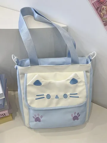 Bolso de Hombro de Nailon con Bordado de Gato para Mujer Estilo Coreano Bolso Cruzado Versátil Bolso de Mano de Moda para Niñas