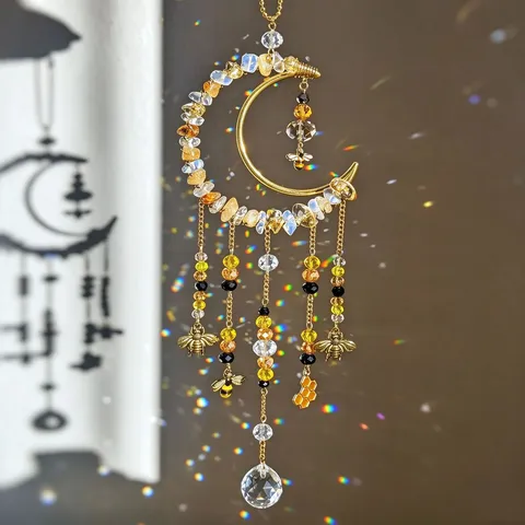 Bee Honeycomb Crystal Suncatcher Moon Gravel Hanging Decoration Handmade Window Ornament For Garden Living Room Rainbow Maker Gift