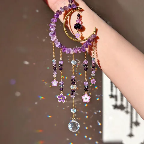 Purple Amethyst Sun Catcher Moon Flower Hanging Decoration Natural Crystal Beads Gold Metal Chain Prism Window Ornament Home Room Decor