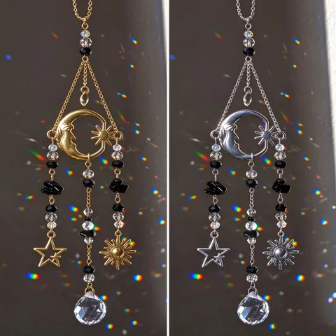 Atrapasol Celestial Sol Luna Estrella Colgante de Cristal Obsidiana Adorno para Espejo Retrovisor de Coche Decoración Estética de Ventana