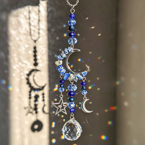 Acchiappasole Sfera di Cristallo in Lapis Lazzuri Naturale Ornamento da Appendere Pendente Stella Luna Decorazione Specchietto Auto Finestra Casa Regalo