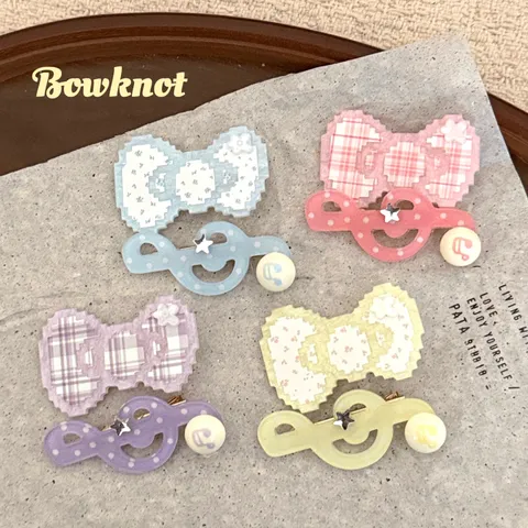 Sweet Acrylic Pixel Bowknot And Music Note Hair Clip Set For Women Girls Fresh Colorful Plaid Alligator Side Clips Hair Accessories