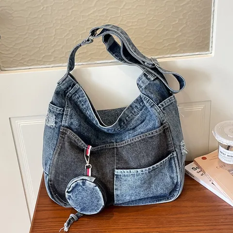 Vintage Denim Patchwork Shoulder Bag For Women Large Capacity Washed Contrast Color Crossbody Bag With Mini Coin Purse Casual Travel Daily Tote Bag