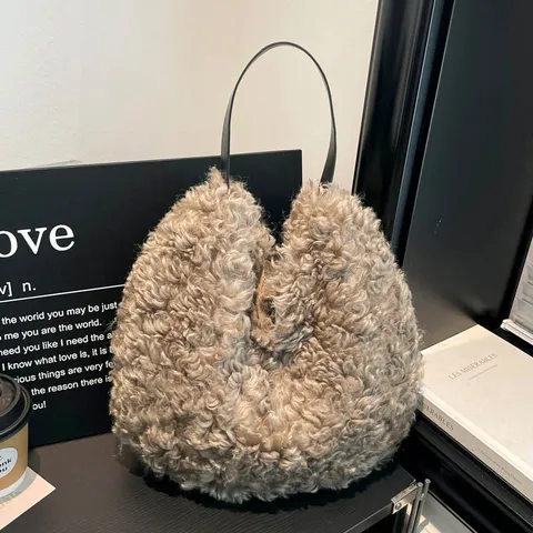 Retro Plush Lamb Wool Tote Bag Large Capacity Women Casual Faux Fur Shoulder Bag Solid Color Autumn Winter Handbag