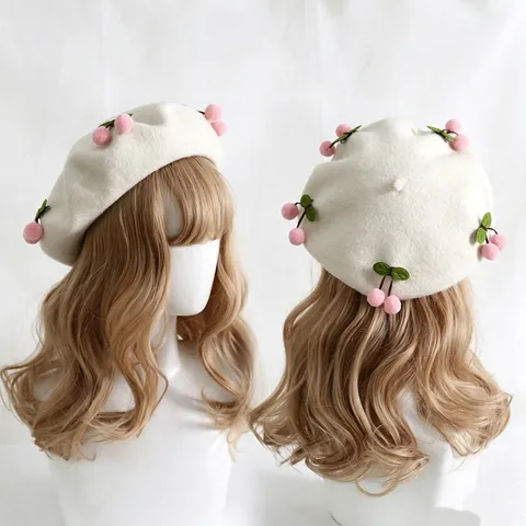 Sweet Cherry Beret Hat For Women Winter Warm Polyester Knitted Painter Hat Handmade Pompom Cherry Decoration Mori Style Accessory