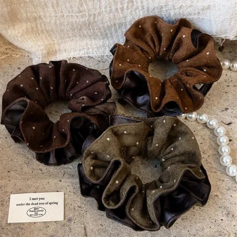 Retro Polka Dot PU Leather Splicing Faux Suede Hair Scrunchies Vintage Hair Ties Fashionable Ponytail Holder For Women