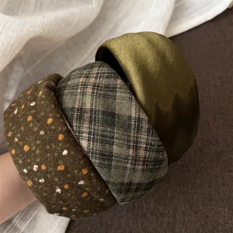 Vintage Forest Green Wide Padded Headband Satin Plaid Floral Print Hair Hoop For Women Retro French Style Elegant Hair Accessories