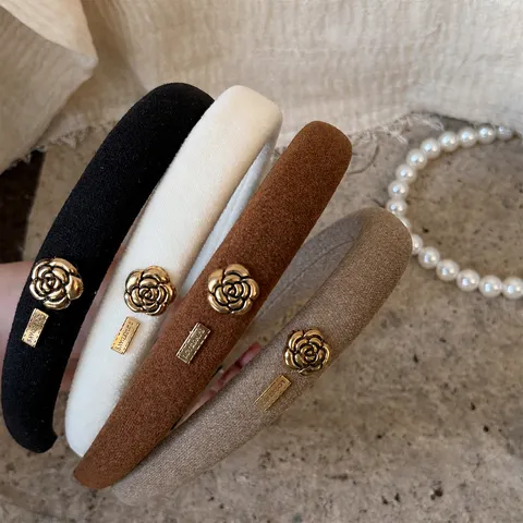 French Vintage Camellia Headband For Women Elegant High Top Sponge Padded Fabric Hair Band Alloy Flower Decor Headpiece Hair Accessories