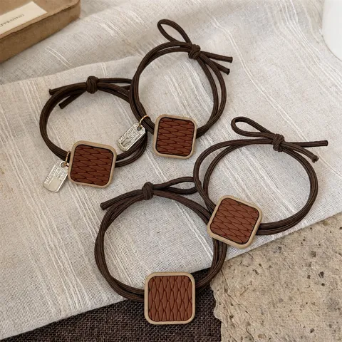 Korean Style Vintage Brown Square Alloy Hair Tie Simple Elastic Ponytail Holder Women Texture Hair Accessories