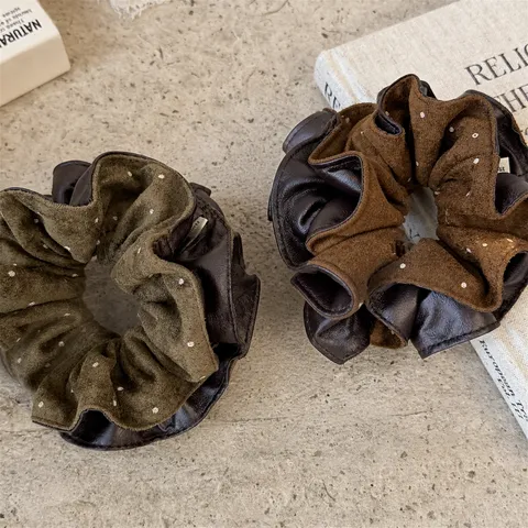 Retro Polka Dot PU Leather Splicing Faux Suede Hair Scrunchies Vintage Hair Ties Fashionable Ponytail Holder For Women