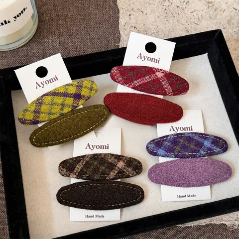 Korean Style Preppy Plaid Imitation Wool BB Hair Clips Oval Handmade Fabric Alloy Hairpin Autumn Winter Hair Accessories For Women