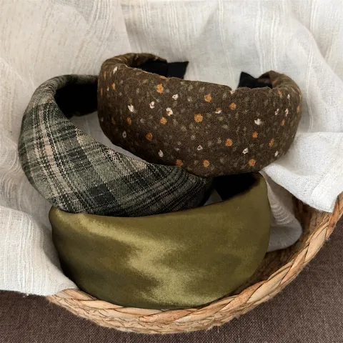 Vintage Forest Green Wide Padded Headband Satin Plaid Floral Print Hair Hoop For Women Retro French Style Elegant Hair Accessories
