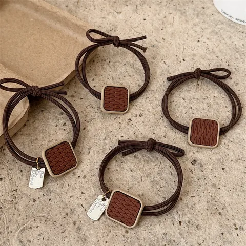 Korean Style Vintage Brown Square Alloy Hair Tie Simple Elastic Ponytail Holder Women Texture Hair Accessories