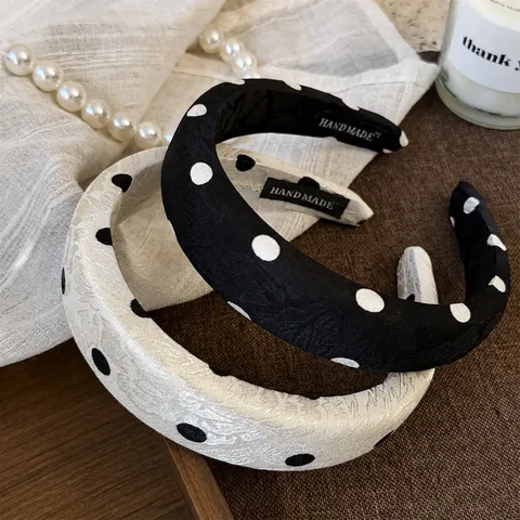 French Retro Polka Dot Jacquard Headband For Women Elegant Sponge Padded Hair Band Non-Slip Wide Hair Hoop Fashion Hairwear