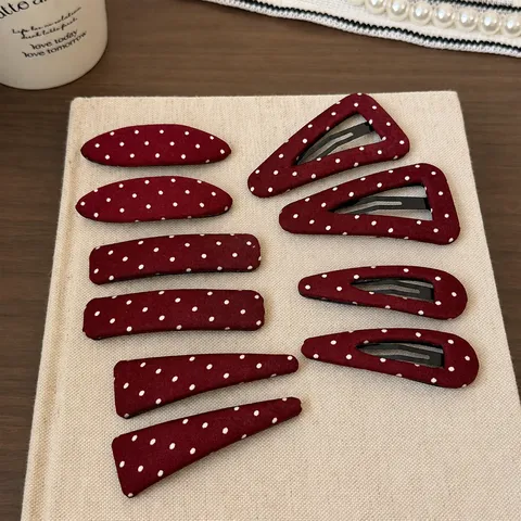 French Vintage Dark Red Polka Dot Hair Clip Elegant Fabric Wrapped Snap Clip Waterdrop Oval Geometry Hair Accessories For Women