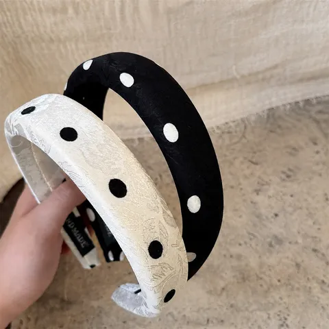 French Retro Polka Dot Jacquard Headband For Women Elegant Sponge Padded Hair Band Non-Slip Wide Hair Hoop Fashion Hairwear