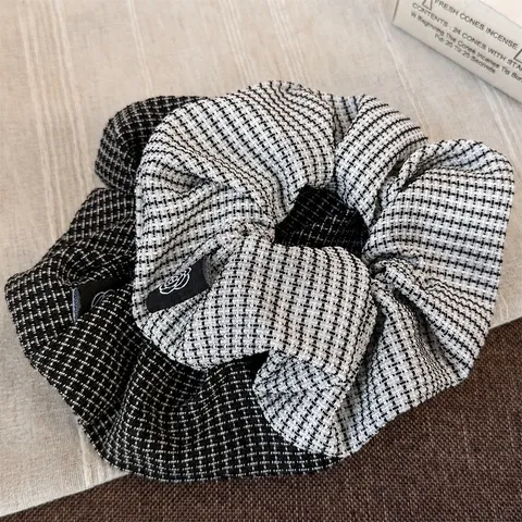 Elegant Tweed Grid Hair Scrunchie Large Fabric Ponytail Holder With Camellia Decoration Label For Women Office Commuting Hair Accessory