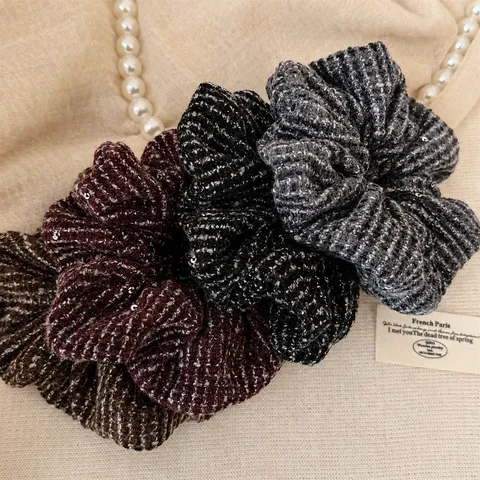 Retro Chanel Style Striped Knit Hair Scrunchies For Women Sequin Thick Fabric Elastic Hair Ties Autumn Winter Ponytail Holder