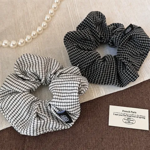 Elegant Tweed Grid Hair Scrunchie Large Fabric Ponytail Holder With Camellia Decoration Label For Women Office Commuting Hair Accessory