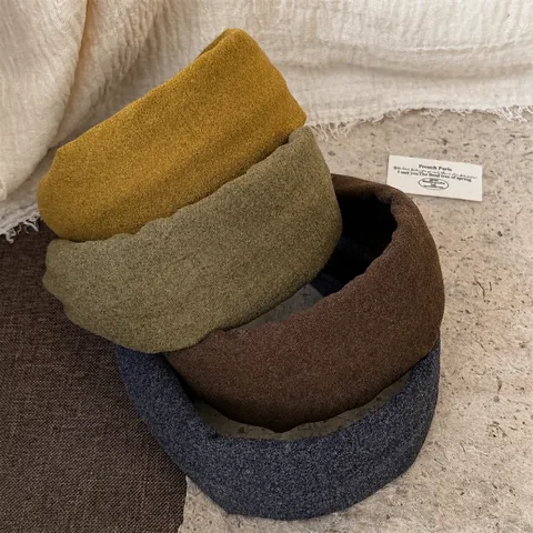 Women Autumn Winter Wide Faux Woolen Headband Korean Style Solid Color Thickened High Top Hair Band Fashion Hair Accessories