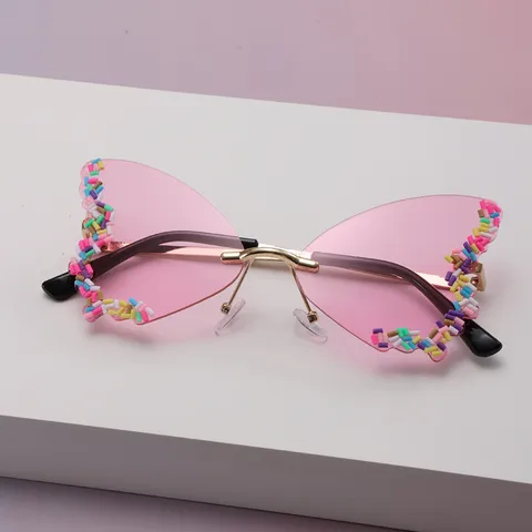 Lunettes de Soleil Sans Monture Papillon Décoration de Perles Colorées Lunettes de Soleil de Mode pour Femme Fête Voyage Extérieur