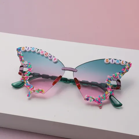 Butterfly Shaped Frameless Party Sunglasses Birthday Girl Letter Beads Decorative Gradient Lenses Novelty Eyewear For Birthday Party Festival