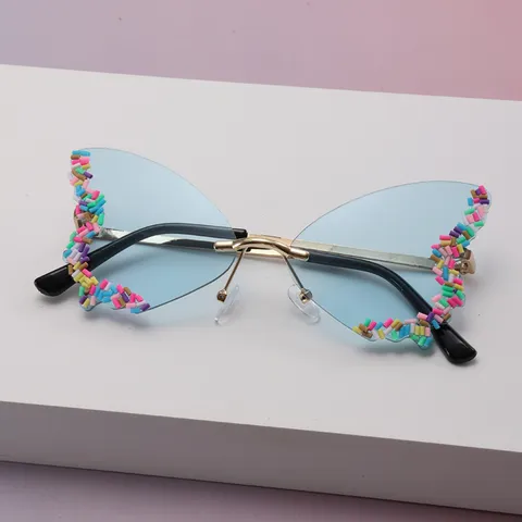 Lunettes de Soleil Sans Monture Papillon Décoration de Perles Colorées Lunettes de Soleil de Mode pour Femme Fête Voyage Extérieur