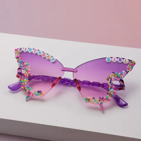 Butterfly Shaped Frameless Party Sunglasses Birthday Girl Letter Beads Decorative Gradient Lenses Novelty Eyewear For Birthday Party Festival