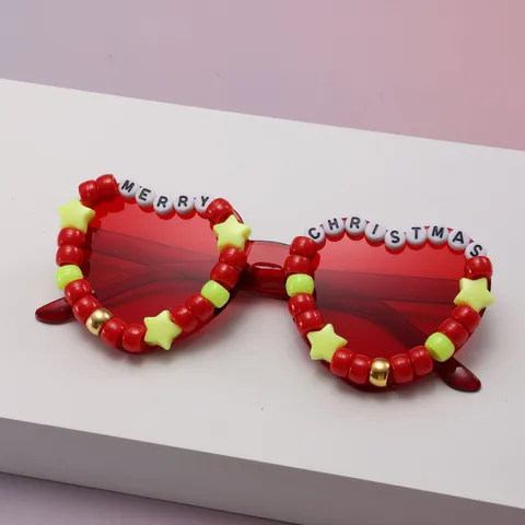 Heart Shaped Christmas Party Sunglasses For Women Kids Merry Christmas Letter Beaded Decor PC Frame Artificial Pearl Festive Eyewear For Photo Props