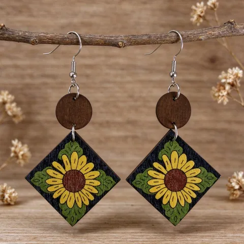 Pendientes Colgantes de Madera de Girasol Pastoral Vintage para Mujer Rombo Geométrico Patchwork Pendientes Bohemios Joyería Floral Gancho de Aleación de Zinc