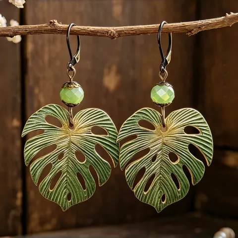 Pendientes Colgantes de Hoja de Monstera Vintage Planta Tropical Hueca Aleación Dorada Diamantes de Imitación Pendientes Con Poste de Acero Inoxidable para Mujer Joyería