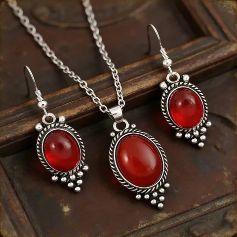 Collar Y Pendientes Étnicos Vintage De Piedra Roja Colgante Ovalado Plateado Antiguo Estilo Bohemio Joyería Para Mujer