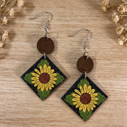 Pendientes Colgantes de Madera de Girasol Pastoral Vintage para Mujer Rombo Geométrico Patchwork Pendientes Bohemios Joyería Floral Gancho de Aleación de Zinc
