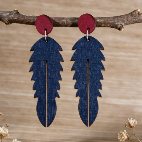 Pendientes de Gota de Pluma de Madera de Bohemia Color de Contraste Rojo Azul Hueco Estilo Étnico Madera para Mujeres